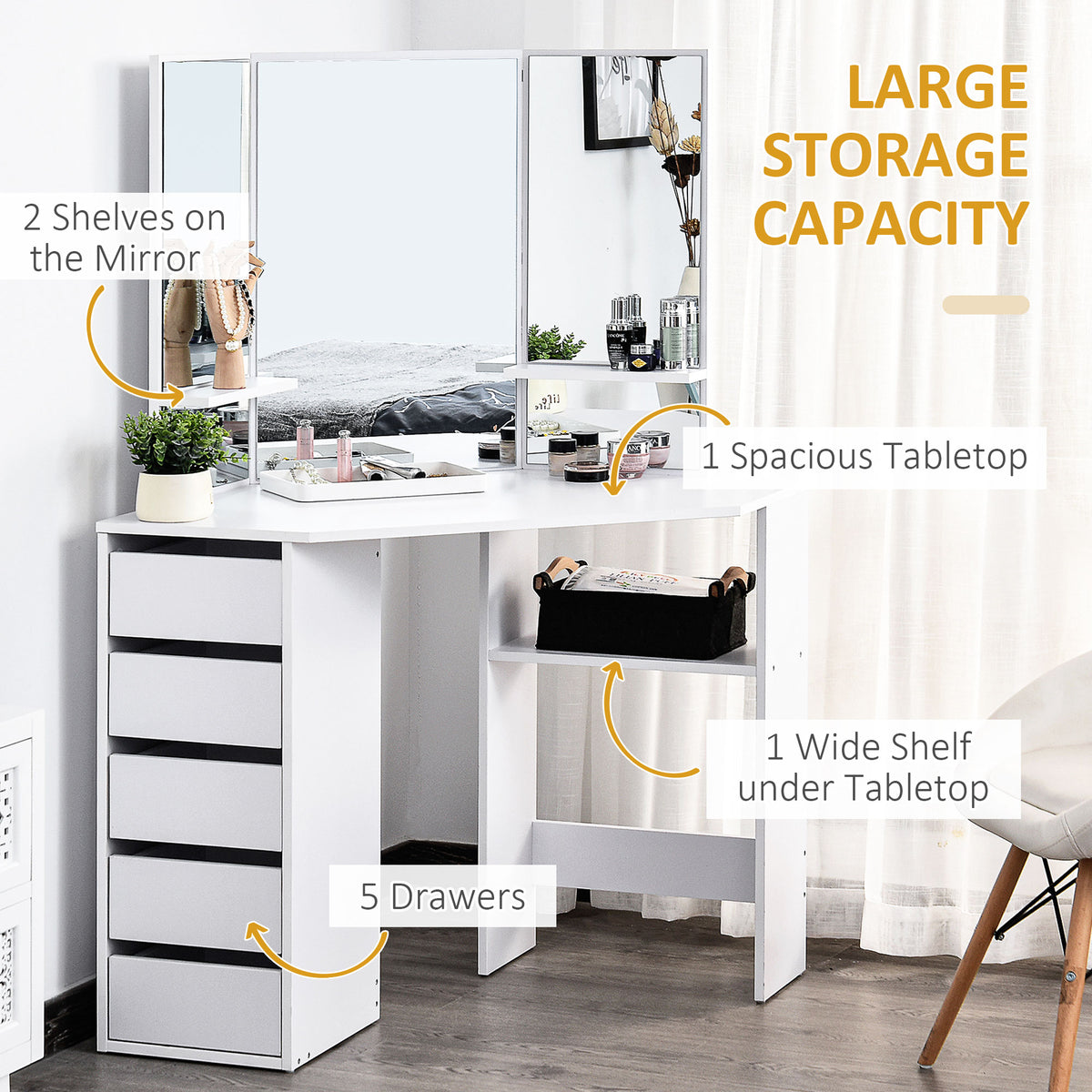 Corner makeup vanity table triple mirror with drawers