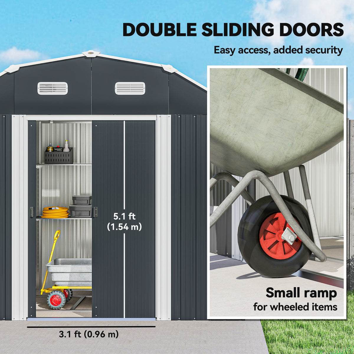 8 x 4 ft Garden Storage Shed Galvanized Steel Sliding Doors