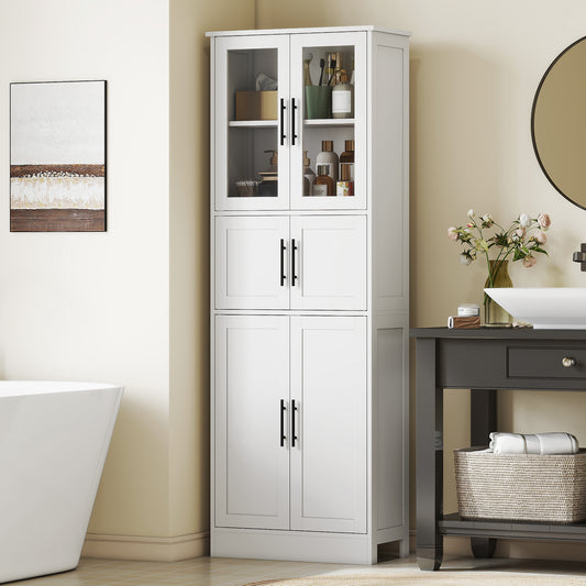 Tall bathroom storage cabinet with glass doors