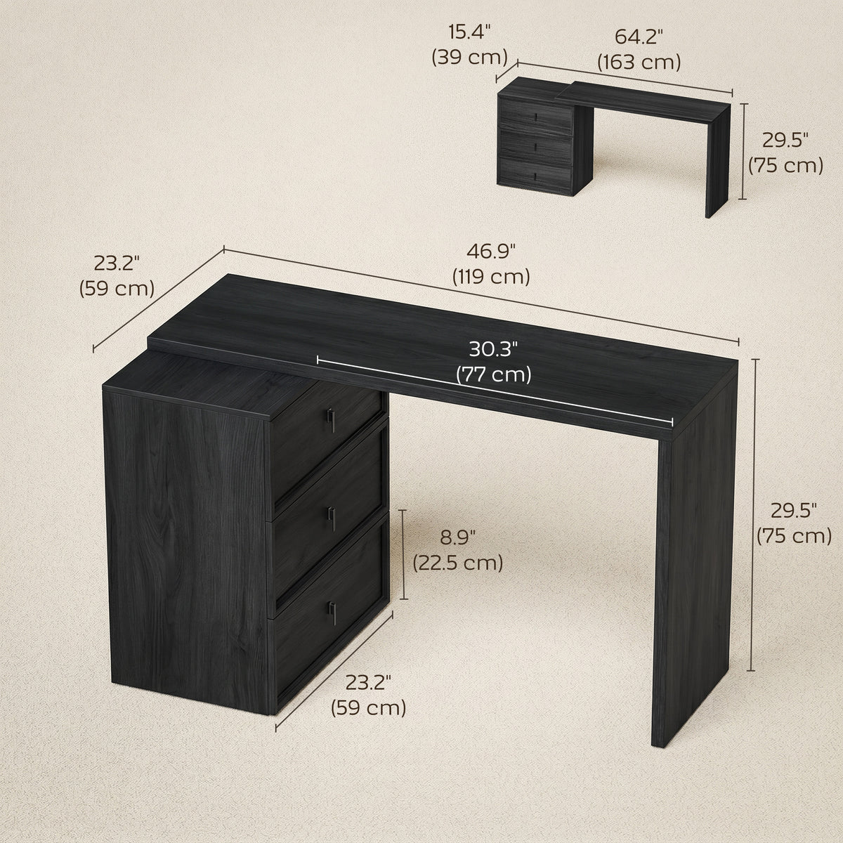 L-shaped computer desk with three drawers