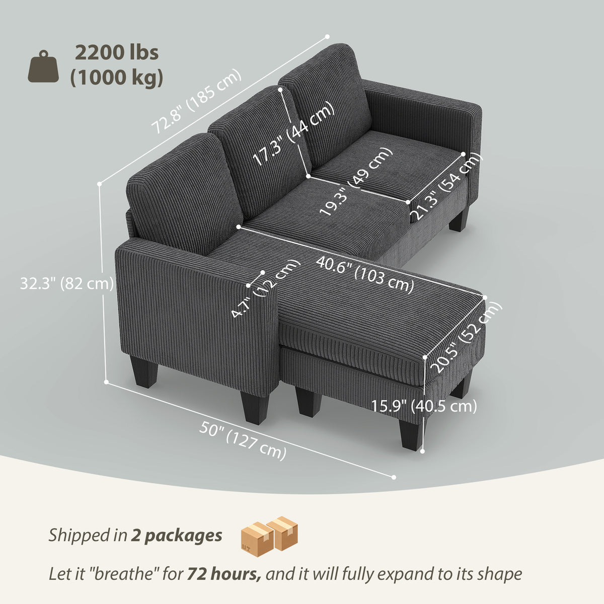 Sofá seccional en L con chaise longue o puf
