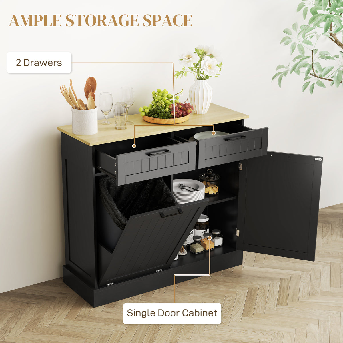 Tilt-out hidden trash can cabinet with drawers
