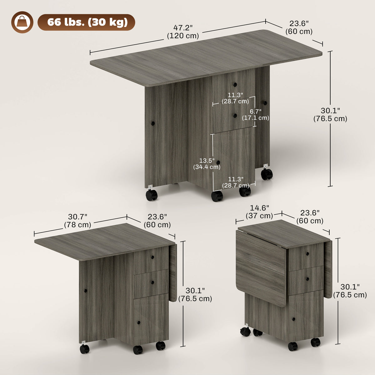 Mesa de comedor plegable y abatible con almacenamiento y ruedas