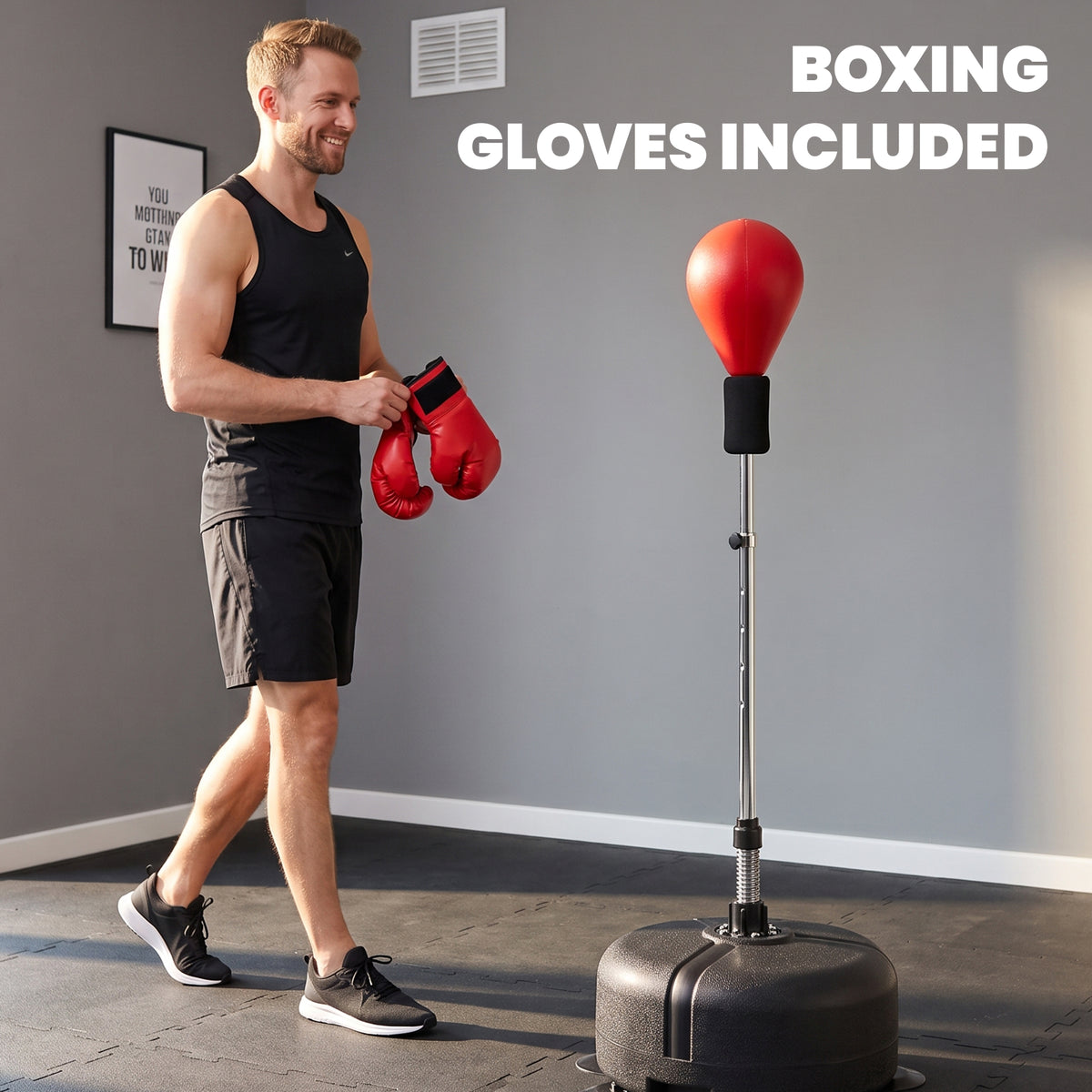 Saco de boxeo con soporte ajustable y guantes