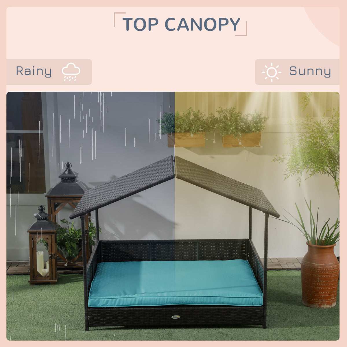 Cama elevada para perros con toldo de ratán