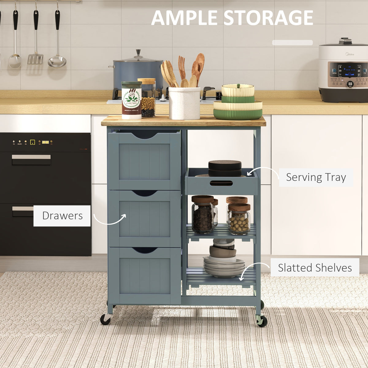 Rolling kitchen cart with wood top and drawers