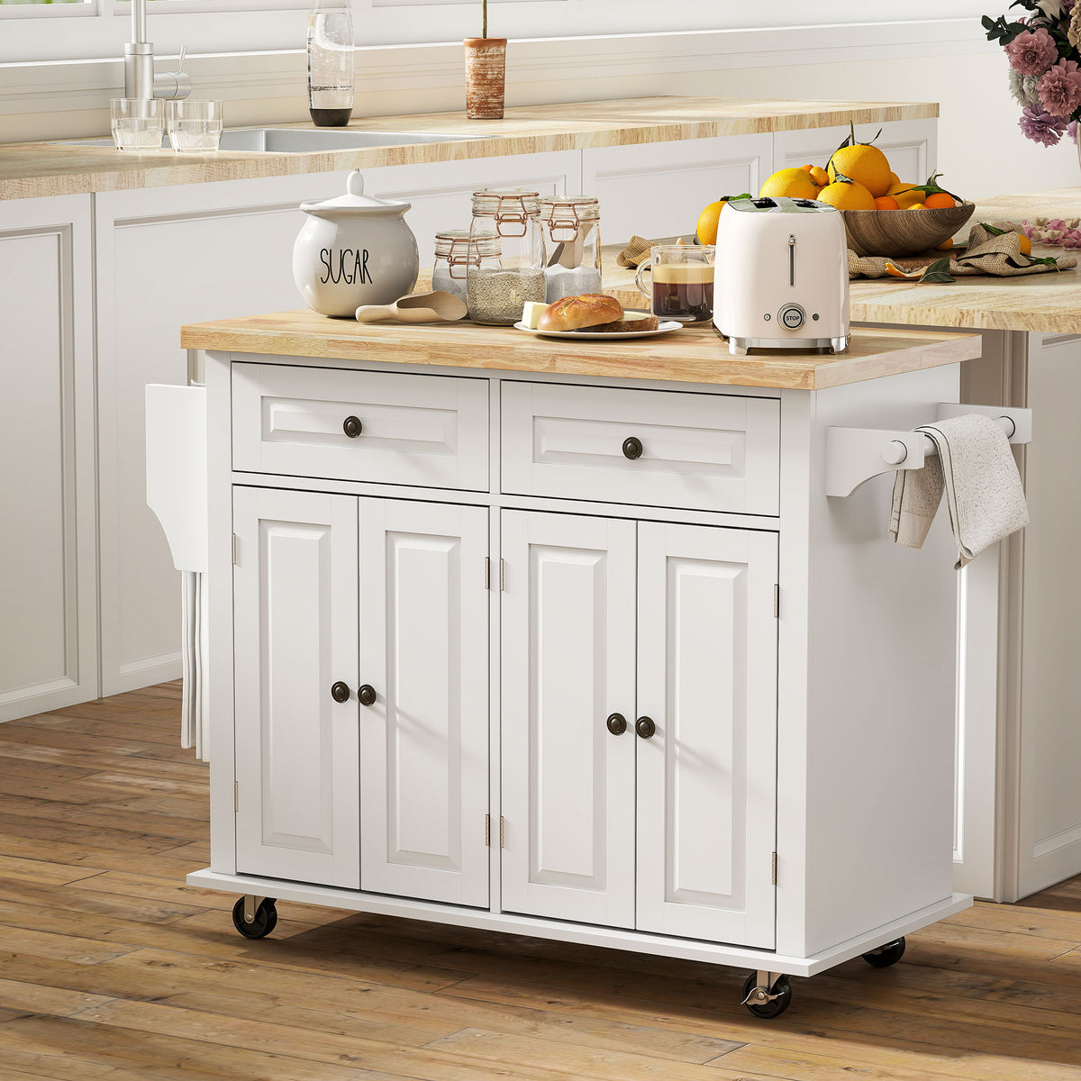 Rolling kitchen island with storage and wood top
