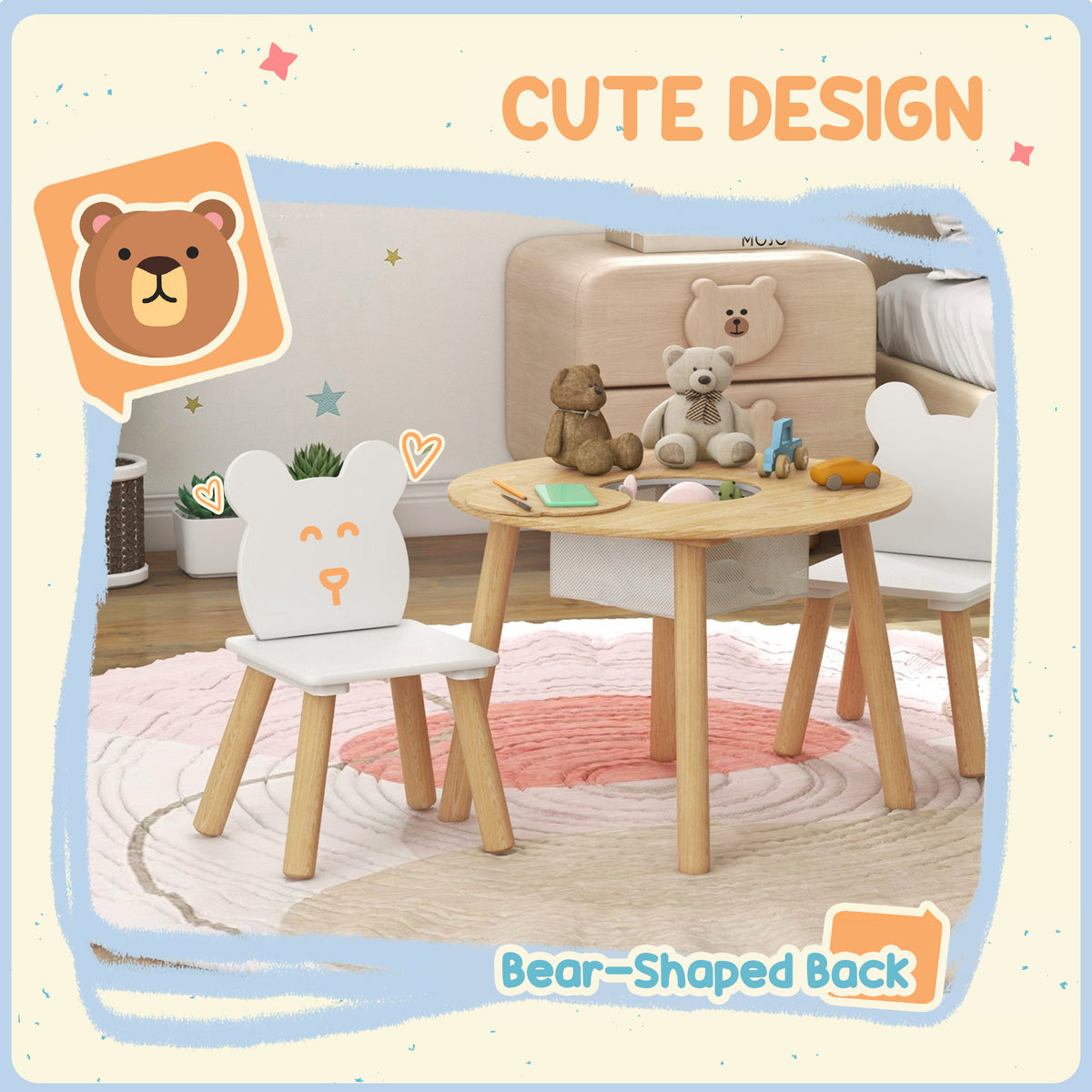 Kids table and chairs set with bear motifs — Set of 3