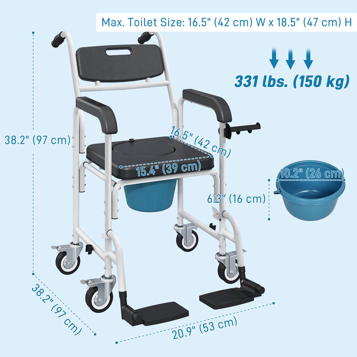 Silla de ducha rodante multifunción con respaldo