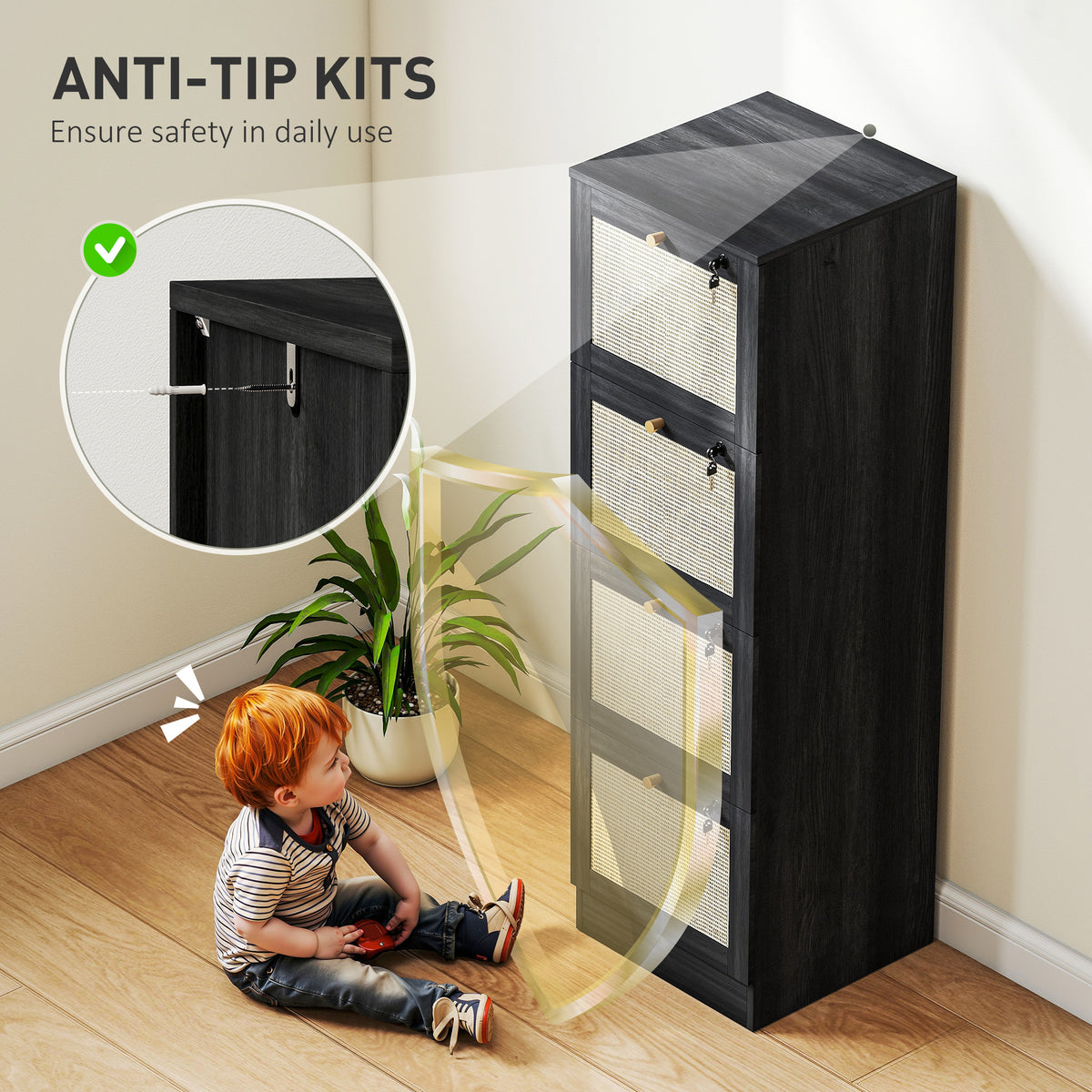 4-Drawer Locking Filing Cabinet Boho Rattan Style