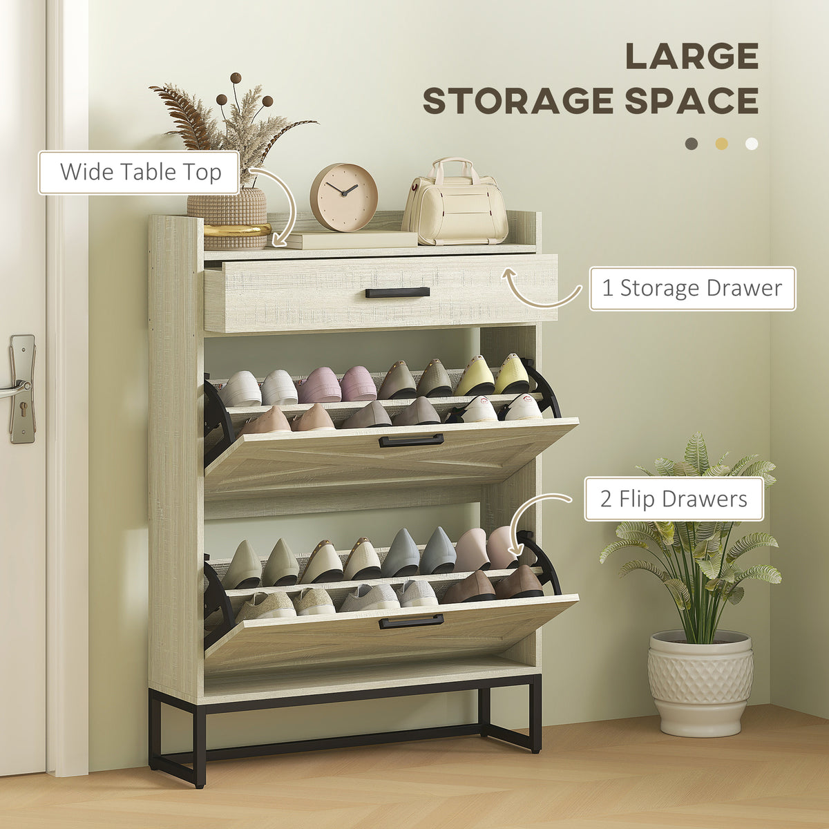 Slim shoe storage cabinet with 2 flip drawers