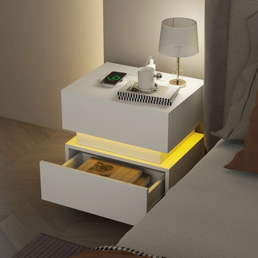 Modern Bedside Table with Charging Station and LED Light