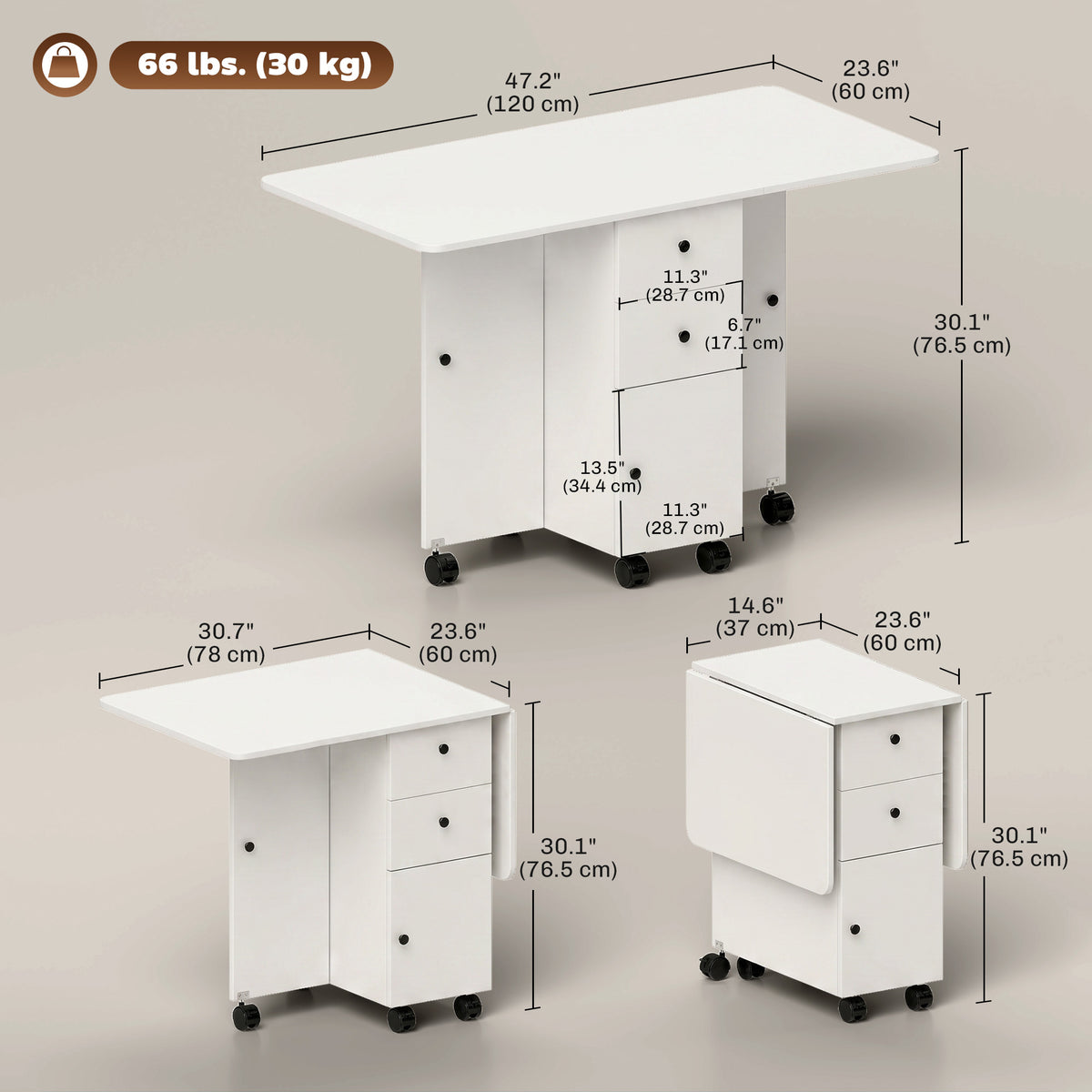 Mesa de comedor plegable y abatible con almacenamiento y ruedas