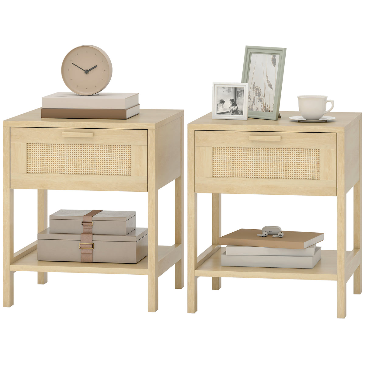 Narrow Nightstand with Drawer and Rattan Elements