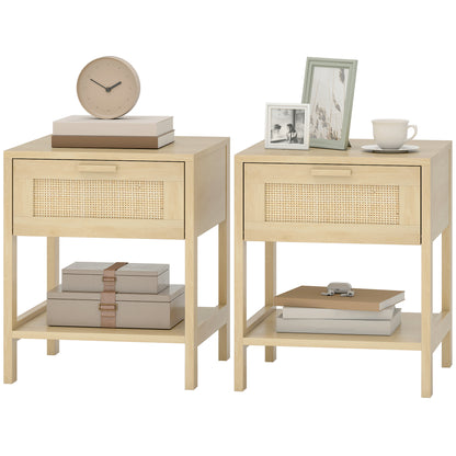 Narrow Nightstand with Drawer and Rattan Elements