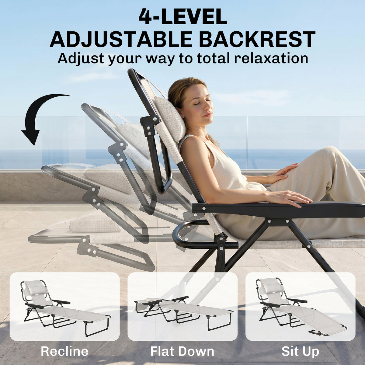 Folding lounge chair with reclining backrest