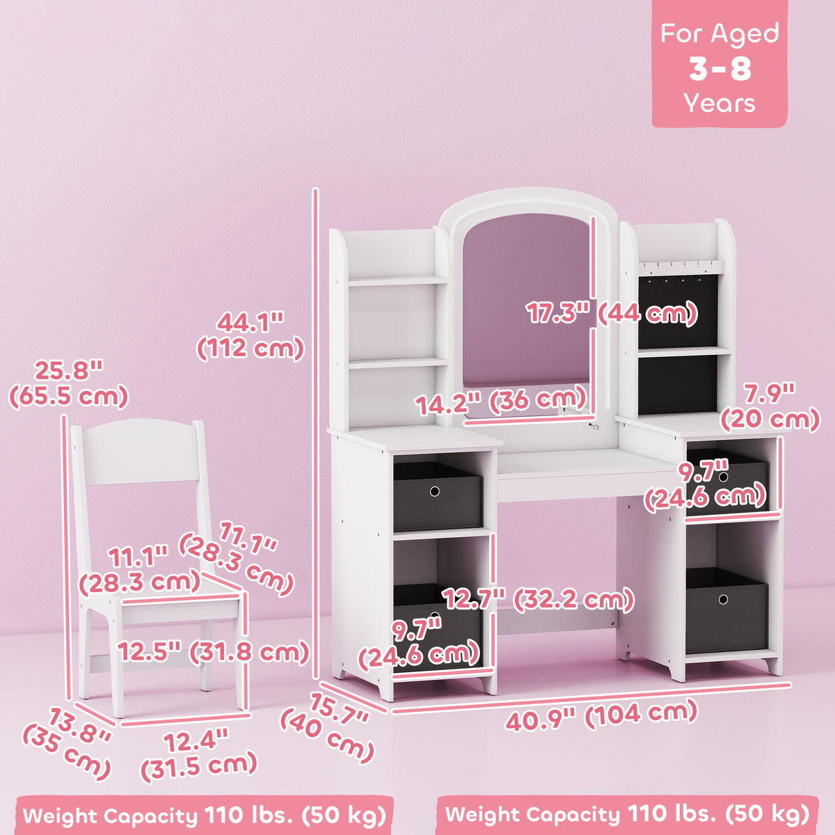 Kids Vanity Table and Chair Set — Set of 2
