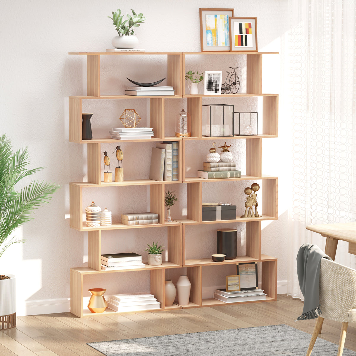 Modern 6-Tier Geometric Wooden Bookshelf