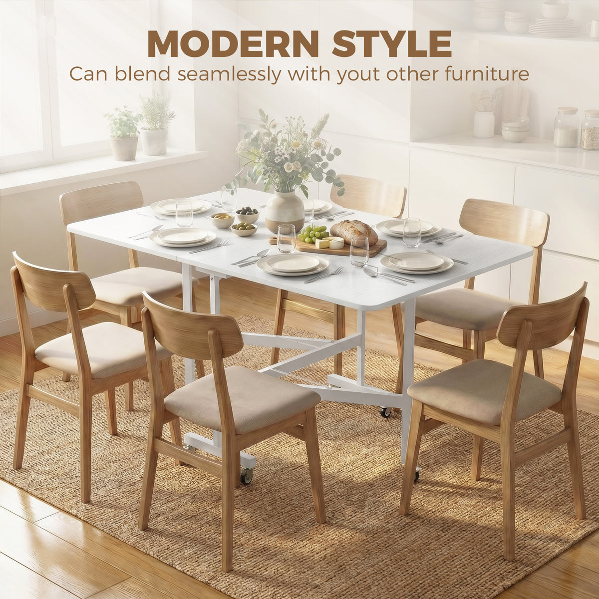 Six-Seater Drop-Leaf Dining Table with Wheels