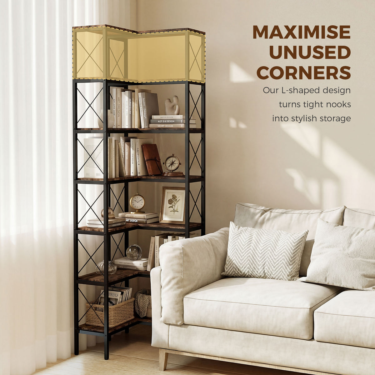 6-Tier L-Shaped Corner Bookshelf Industrial Style