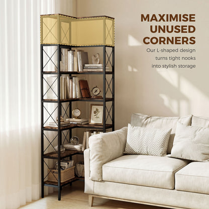 6-Tier L-Shaped Corner Bookshelf Industrial Style