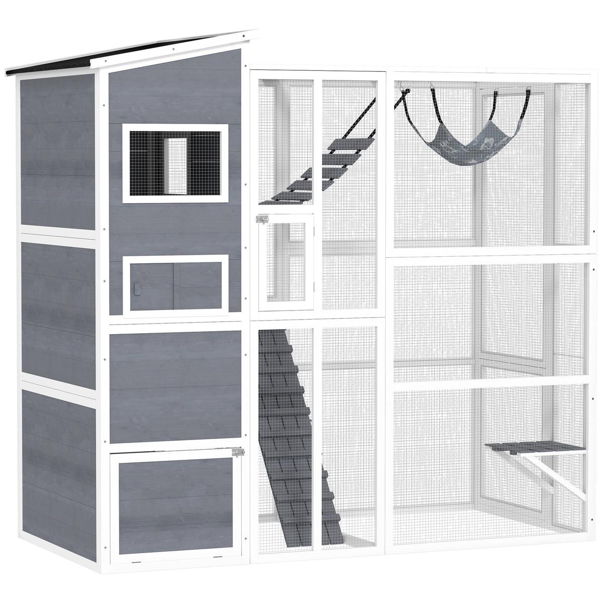 Outdoor wooden cat enclosure with condo and hammock