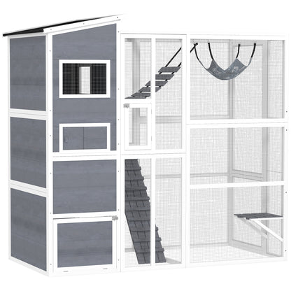 Outdoor wooden cat enclosure with condo and hammock