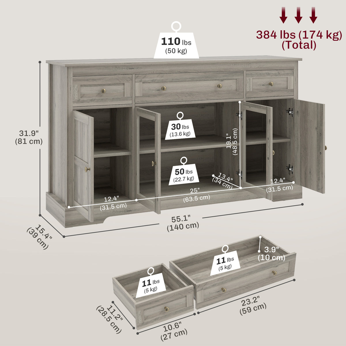 Sideboard buffet cabinet with glass doors