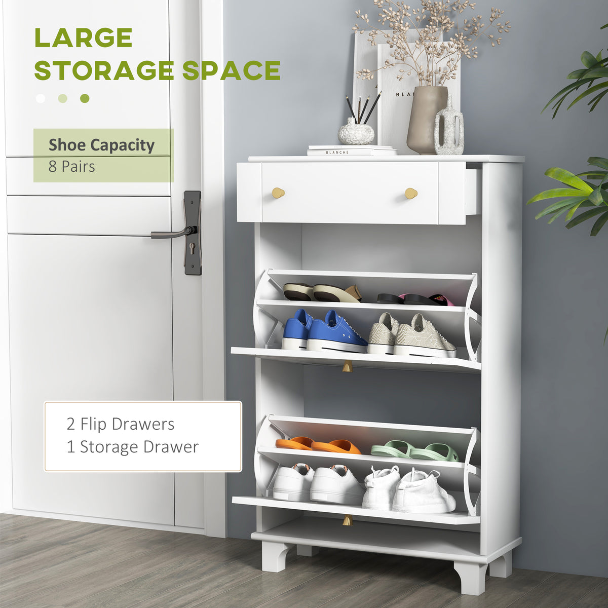 Slim Shoe Cabinet 2 Flip Drawers Adjustable Shelves 8 Pairs