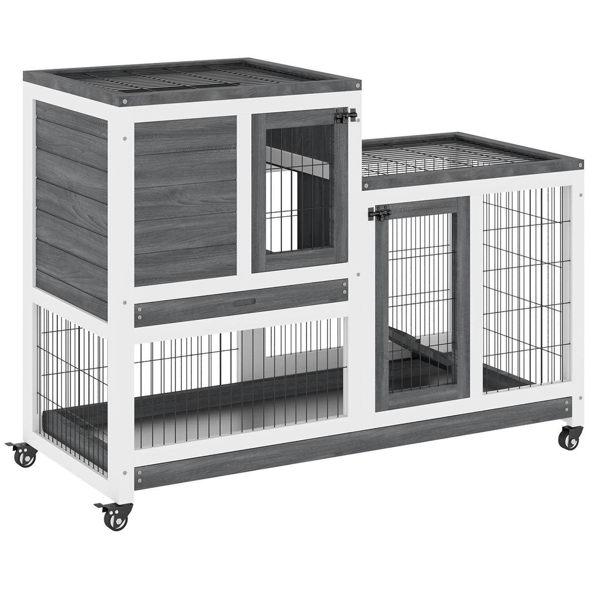 Wooden Rabbit Hutch Two-Tier with Wheels