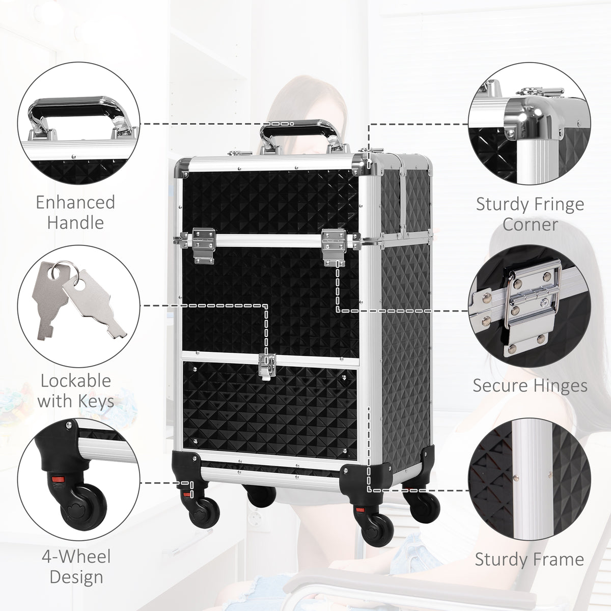 Professional rolling aluminum makeup train case trolley