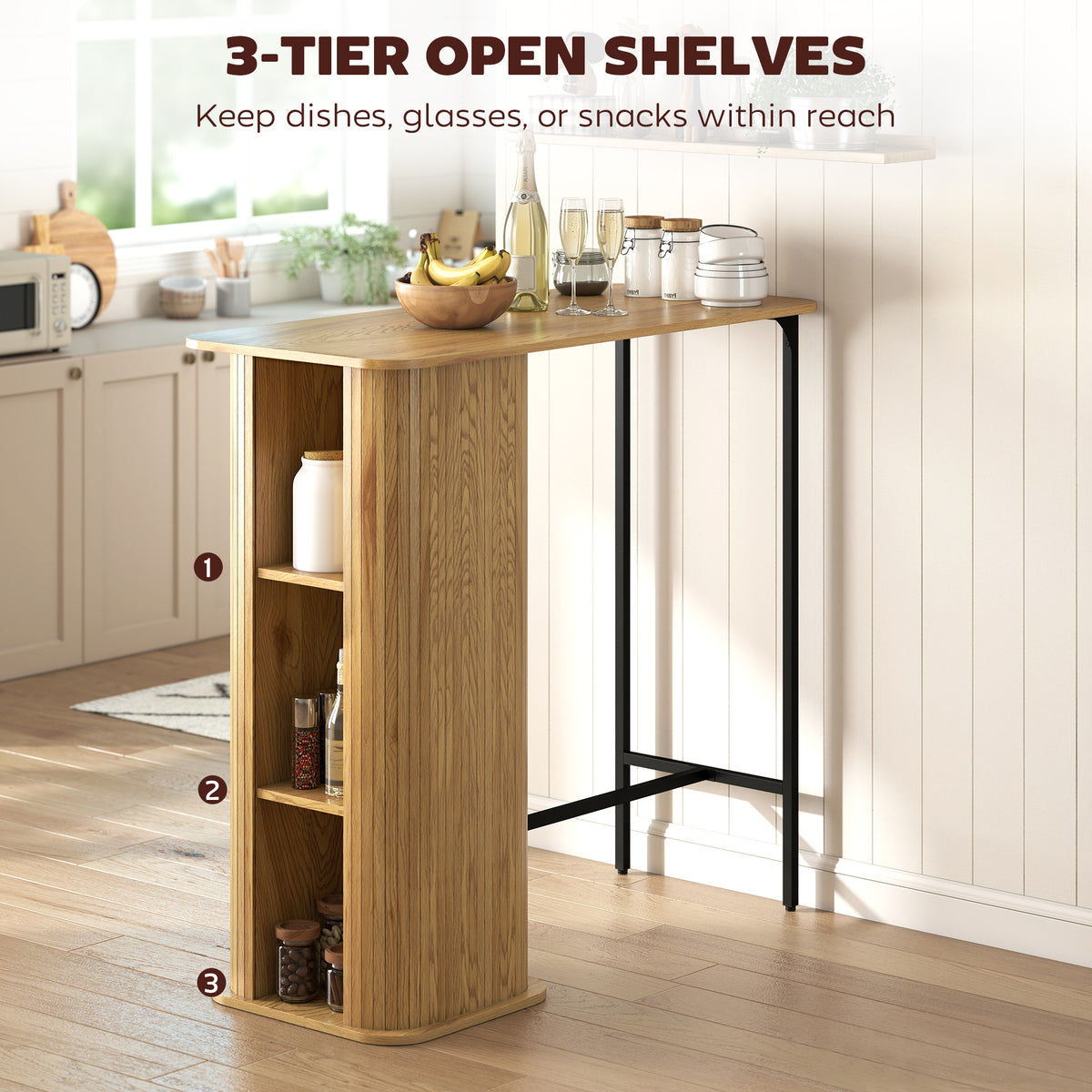 Tambour Bar Table 3 Side Shelves Rectangular Metal Frame