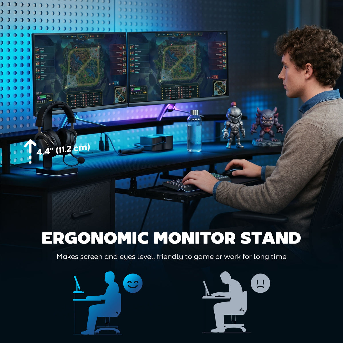 Curved Gaming Desk with RGB Lights, Outlets and Drawers