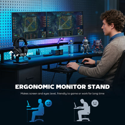 Curved Gaming Desk with RGB Lights, Outlets and Drawers