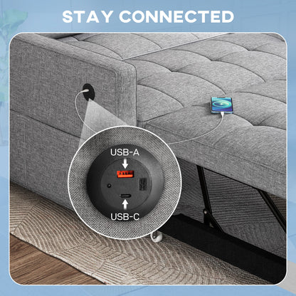 Convertible sofa bed with USB ports and adjustable backrest