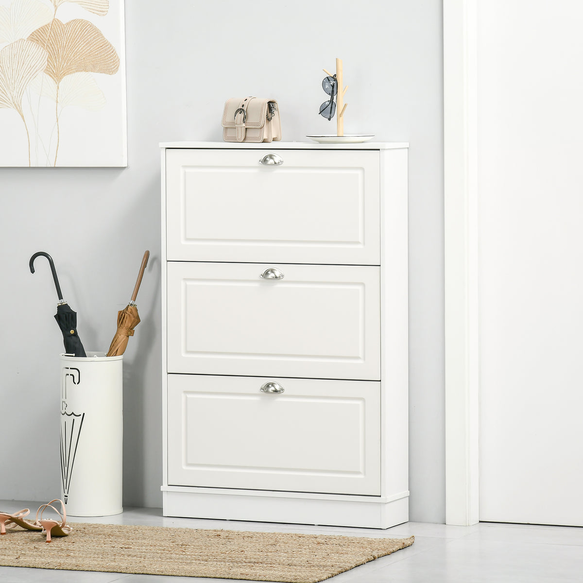 Narrow shoe cabinet with 3 flip drawers