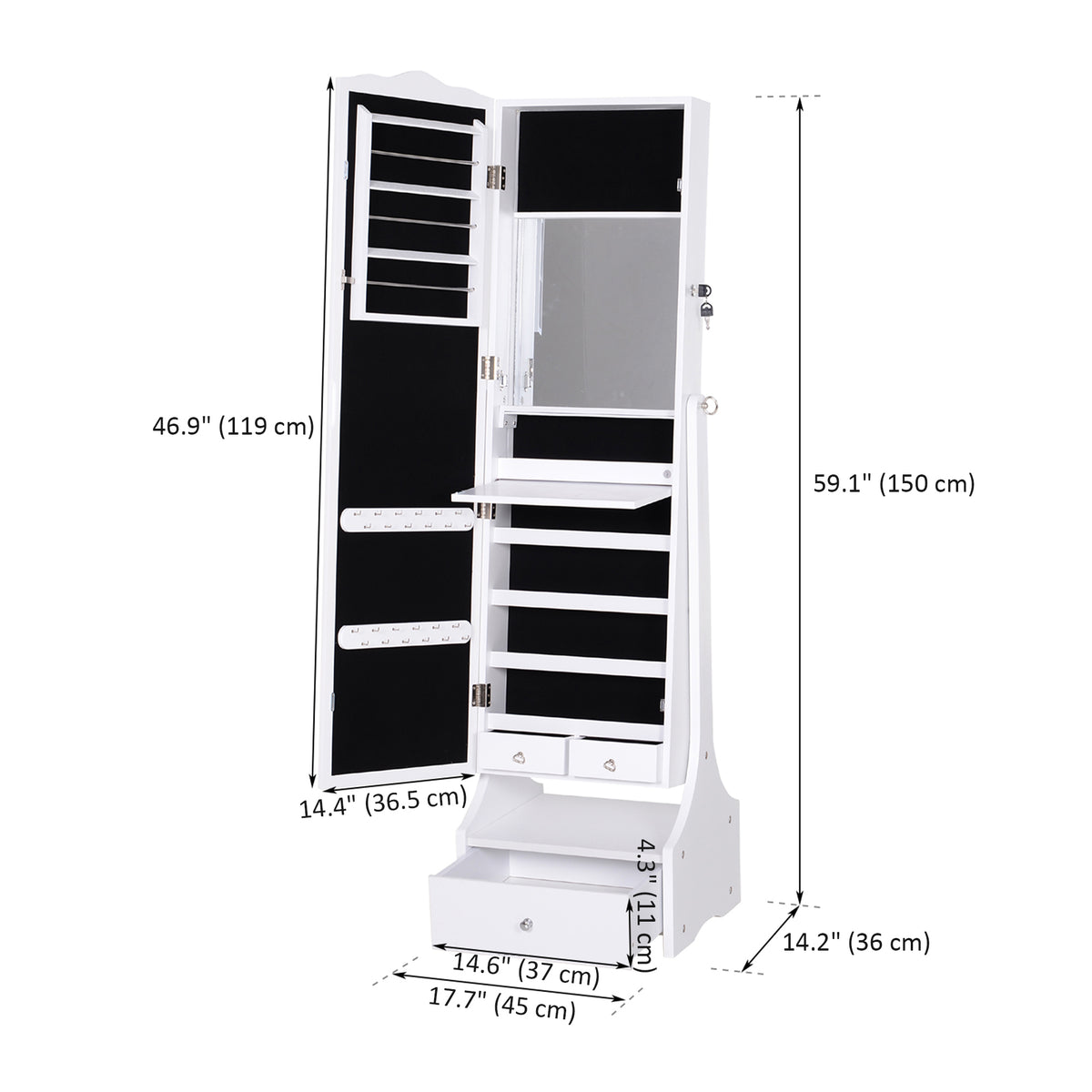 Standing jewelry armoire with full length mirror