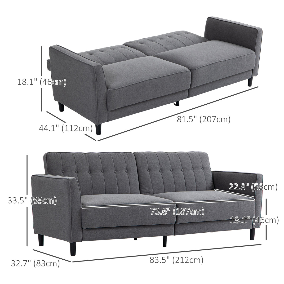Convertible Button-Tufted Sofa Bed Adjustable Back