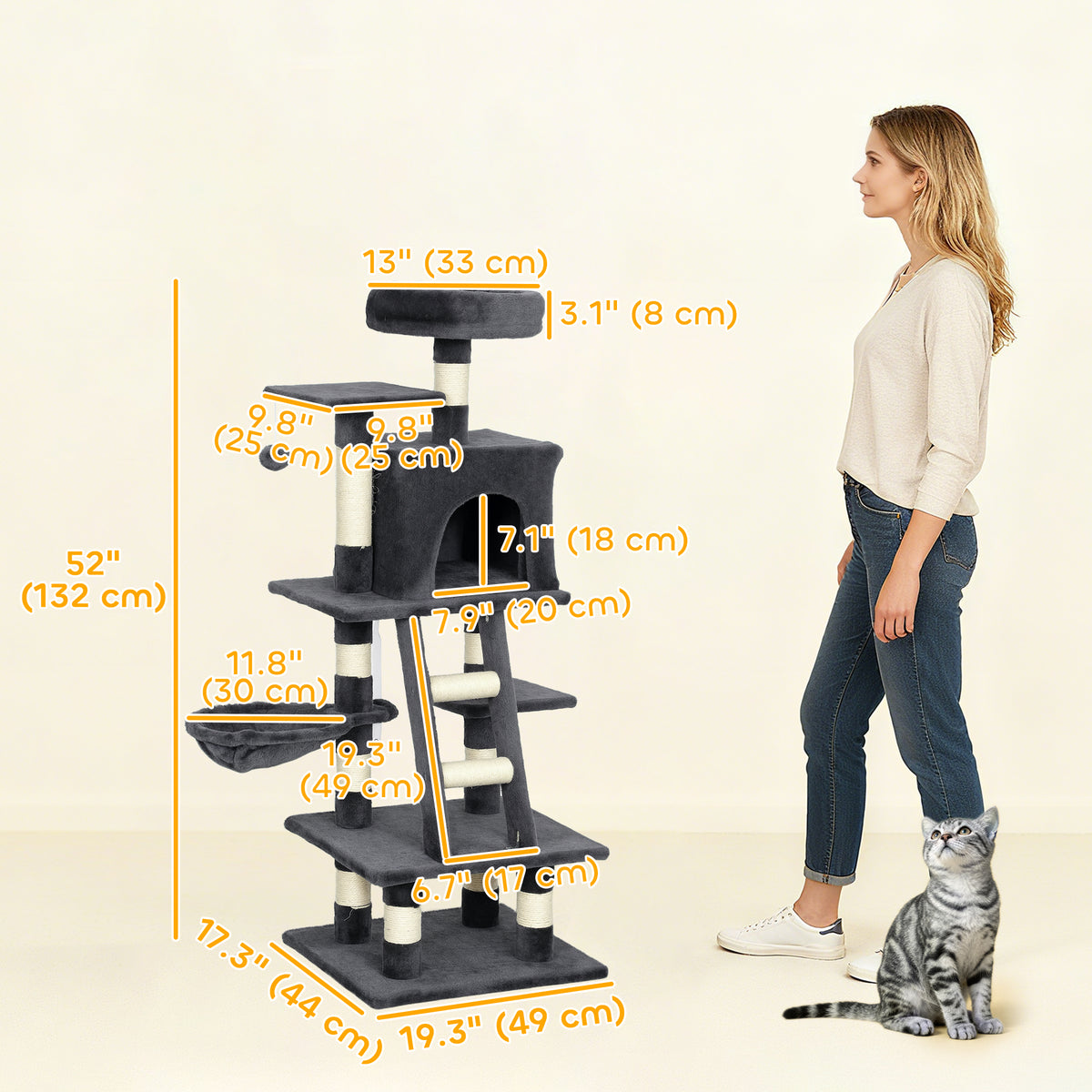 Árbol para gatos de varios niveles de 132 cm — gris