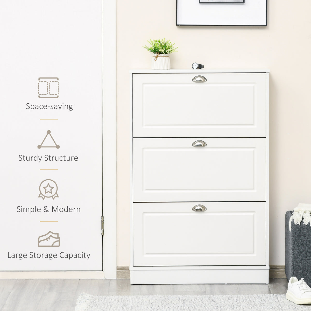 Narrow shoe cabinet with 3 flip drawers