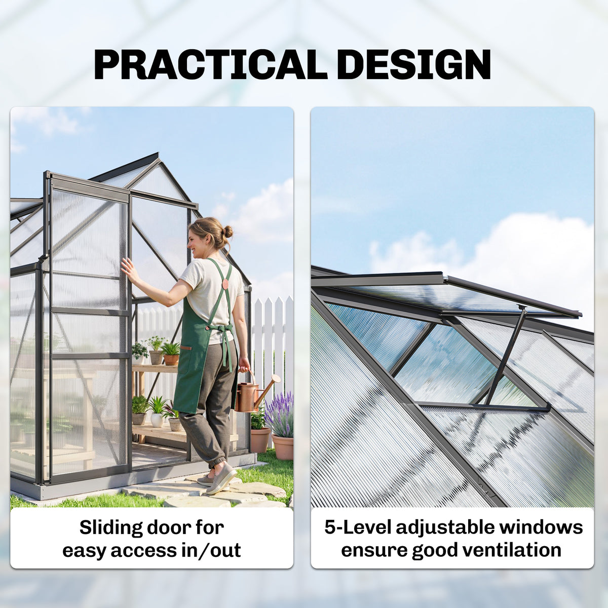 190x375x199cm Charcoal Grey Polycarbonate Greenhouse with Ventilation