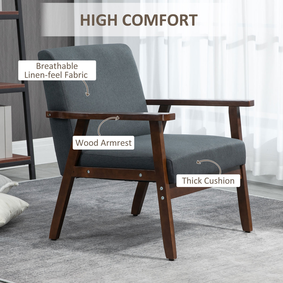 Sillón auxiliar acolchado con reposabrazos de madera