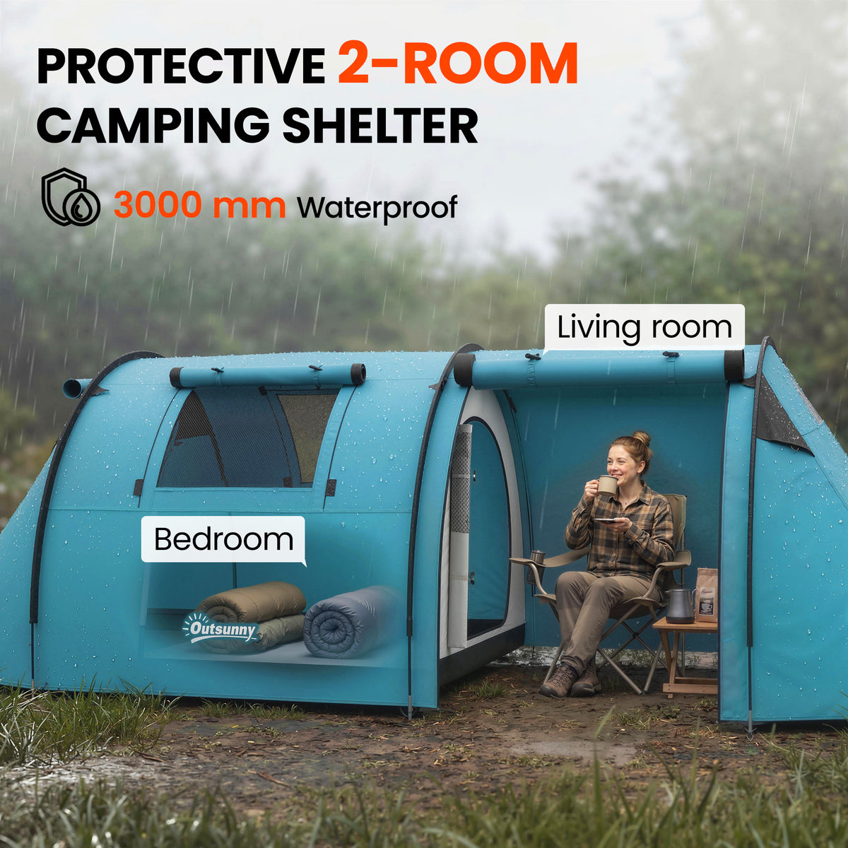 2-Room Waterproof Camping Tent for 3-4 People