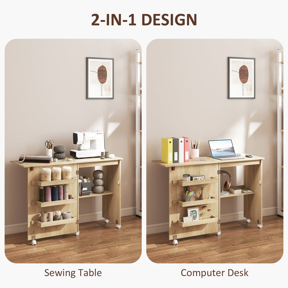 Folding Sewing Cabinet with Storage and Lockable Wheels