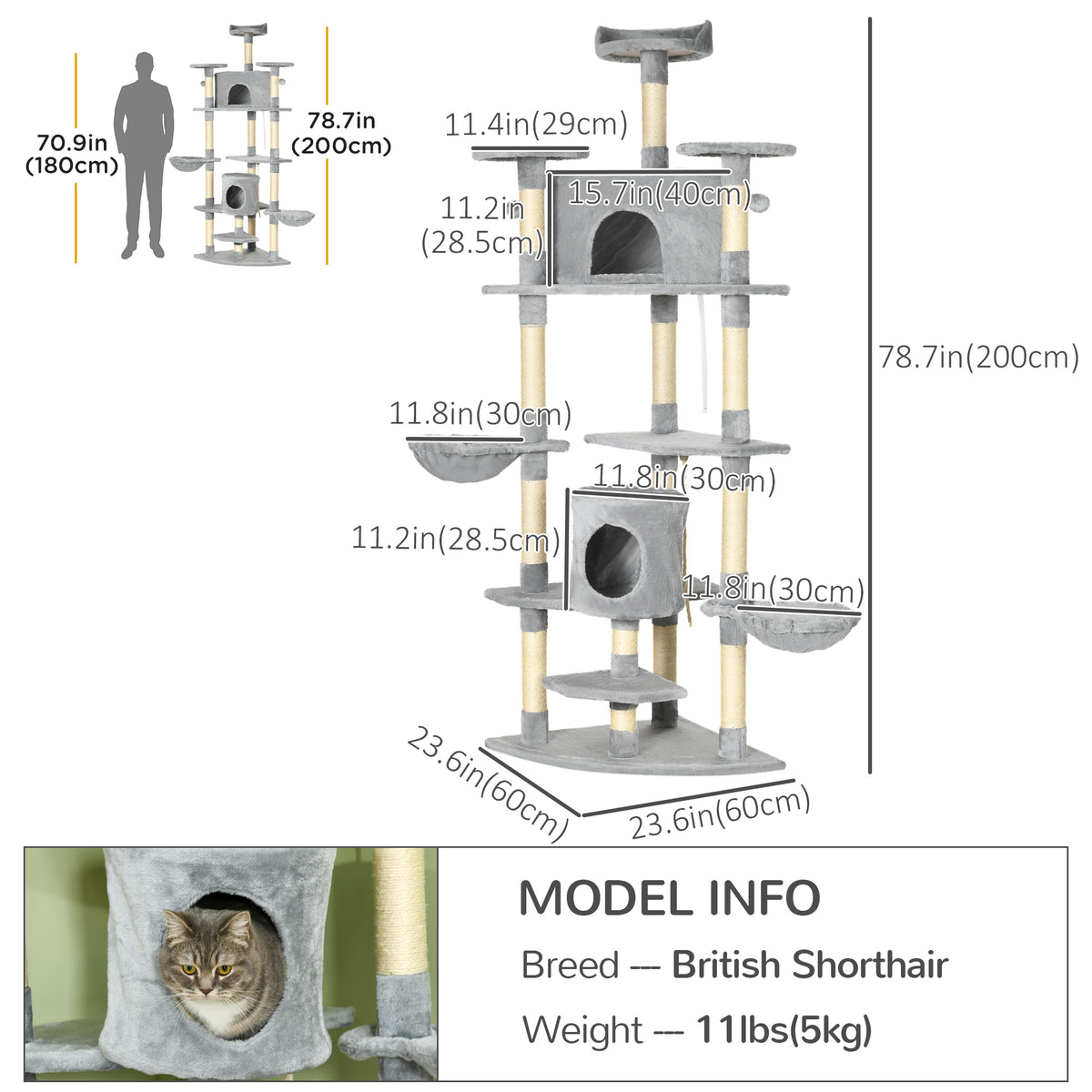 Multi-Level Cat Tree 79 Inch with Scratching Posts