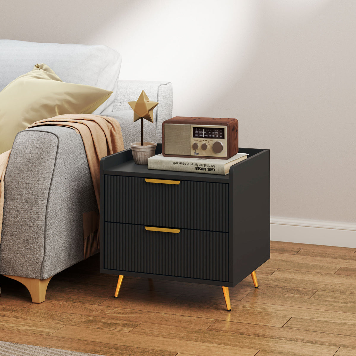 Nightstand with 2 Drawers and Metal Legs