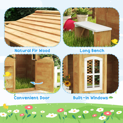 Kids Wooden Playhouse with Bench and Serving Station