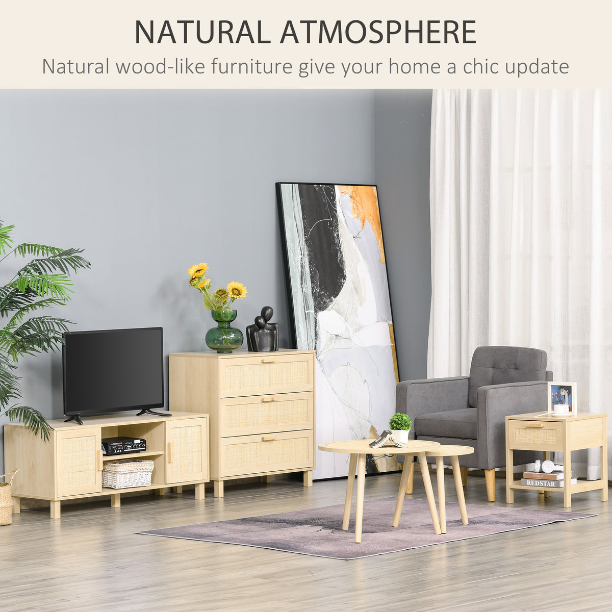 Narrow Nightstand with Drawer and Rattan Elements