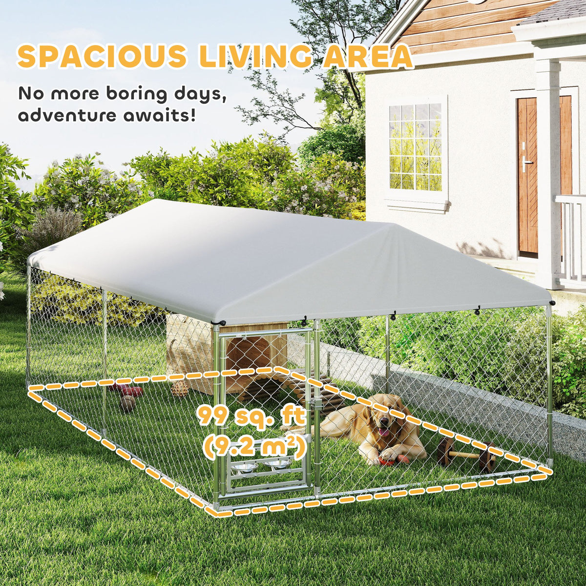 Outdoor dog kennel with bowls and resistant cover