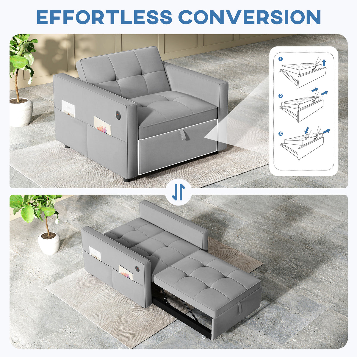 Convertible Velvet Chair Bed with USB Charging
